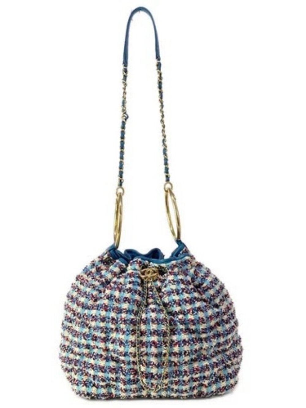 CHANEL Drawstring bag A93667 White Light Blue Navy Tweeds Shoulder Bag